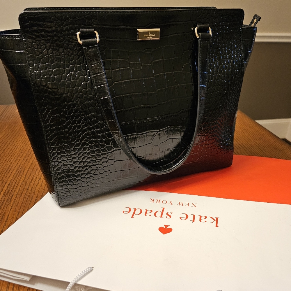 Kate Spade Black Elissa Croc Embossed Shoulder Tote
